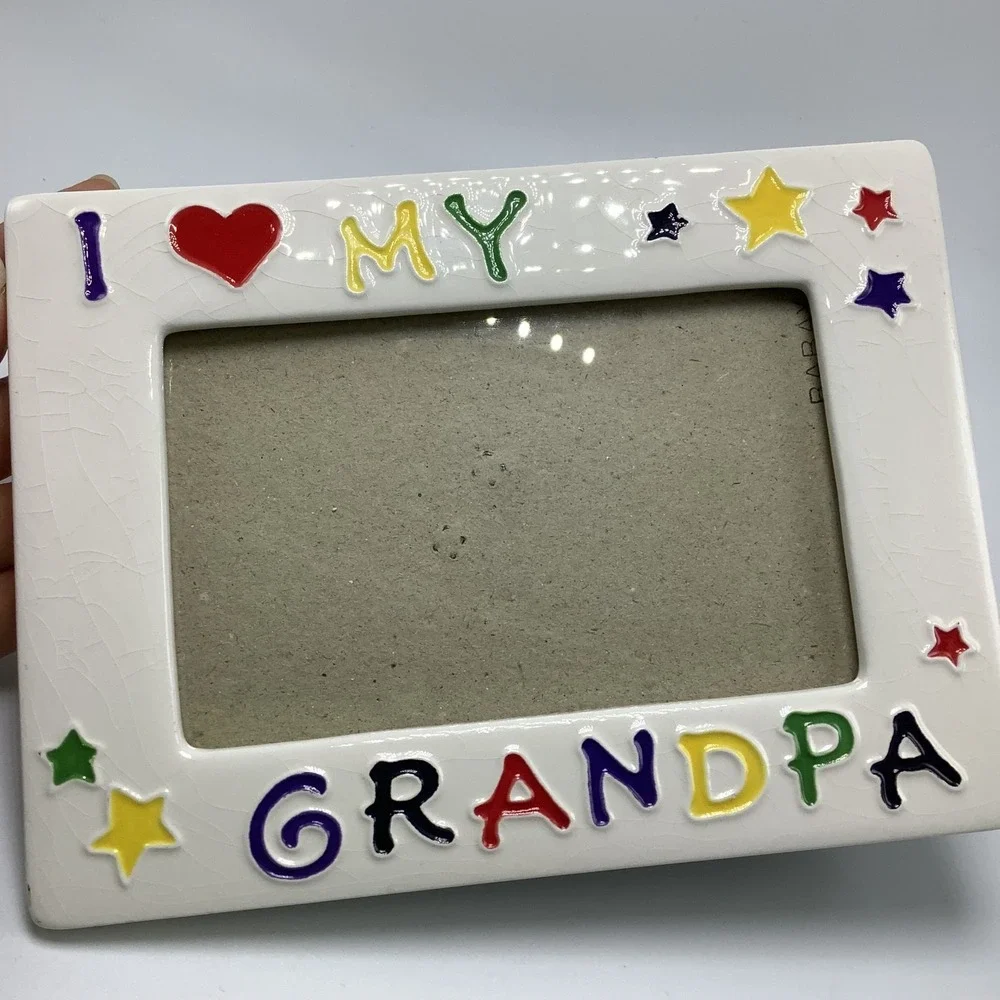 Vintage I Love My Grandpa Ceramic‎ Picture Frame w/ Stars Crackle Glaze Finish